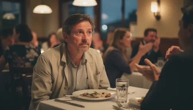 Middle-aged man sitting quietly at a dinner party looking thoughtful while guests converse around him