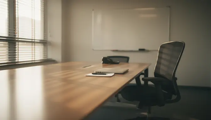 Empty conference room with afternoon light through venetian blinds over a clean desk