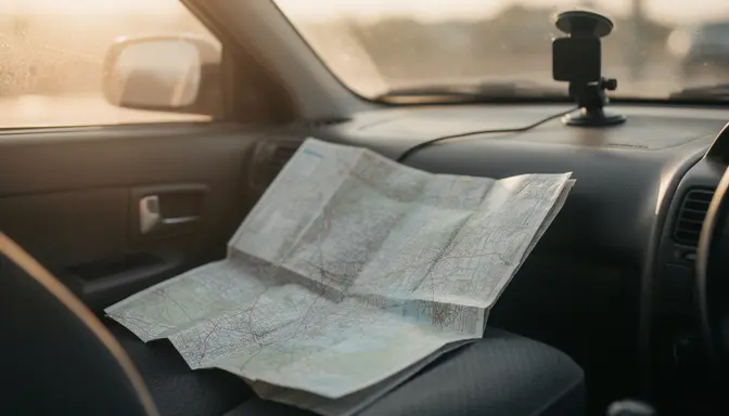 Folded paper directions on car seat with unused GPS mount visible on windshield behind