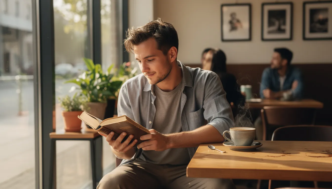 Young man reads a paperback book alone at a coffee shop table in warm morning light