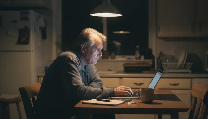 Man sitting alone at kitchen table late at night staring at laptop with resigned expression