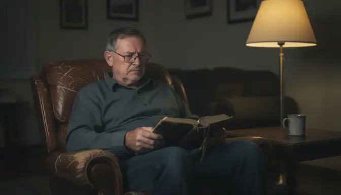 Middle-aged man reading a well-worn Bible alone in a recliner late at night under a single lamp