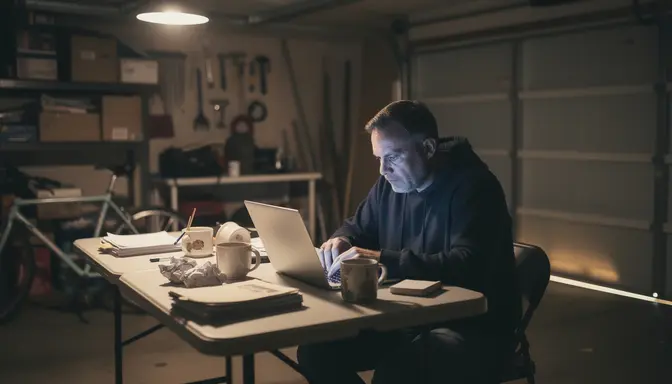 Middle-aged man in a garage at night, face lit by laptop screen, surrounded by coffee mugs