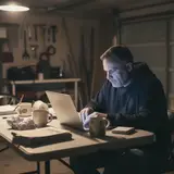 Middle-aged man in a garage at night, face lit by laptop screen, surrounded by coffee mugs