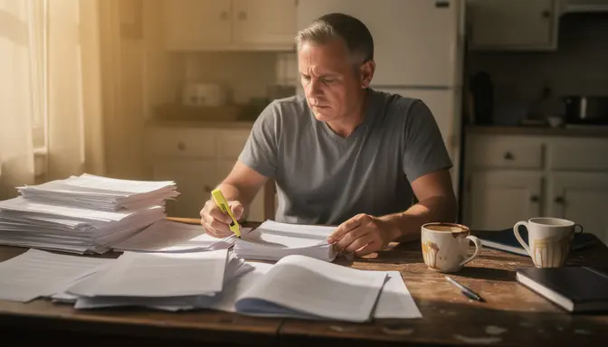 Middle-aged man reading a massive stack of printed papers at a kitchen table