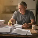 Middle-aged man reading a massive stack of printed papers at a kitchen table
