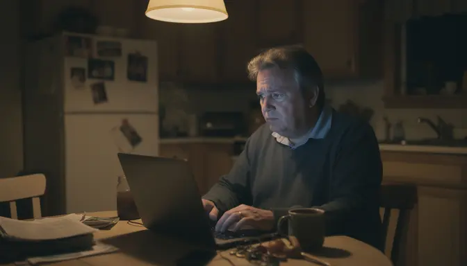 Middle-aged man sitting alone at kitchen table at night, staring at open laptop with thoughtful expression