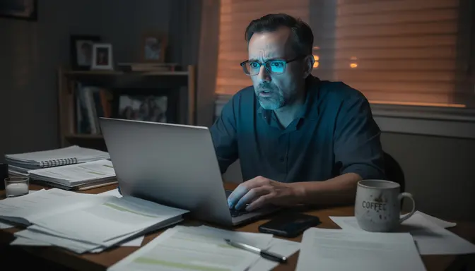 Middle-aged man staring at laptop screen with confused and mildly distressed expression at night