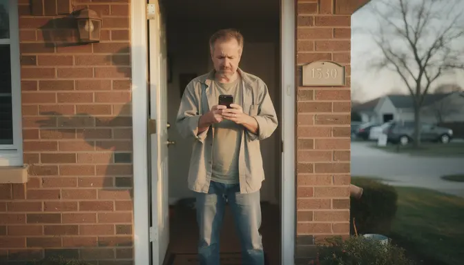 A man standing in a suburban doorway staring at his phone with deep concern