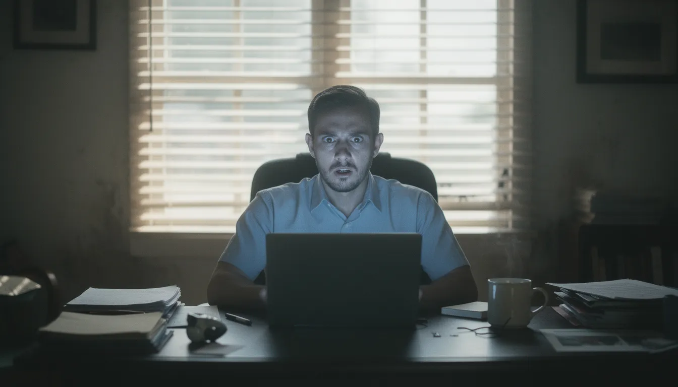 Man sitting alone at home office desk staring at laptop screen with expression of frozen dread