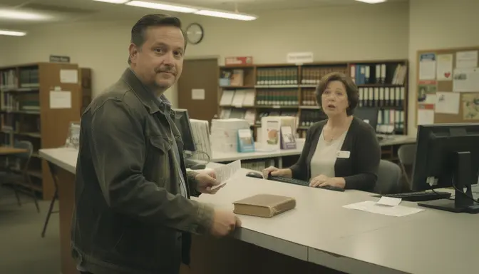 Man at library returns desk with old paperback book, librarian looking surprised behind counter