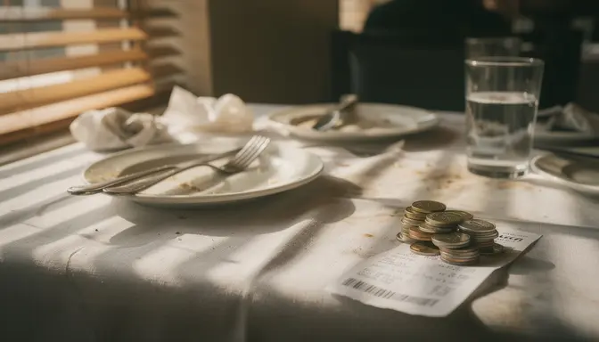 Empty restaurant table with coins and a small bill left on a receipt after a meal