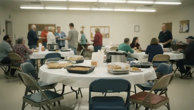 Church fellowship hall with folding chairs, round tables, and potluck dishes under fluorescent lights