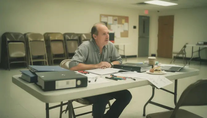 Bewildered man sits alone at cluttered church table surrounded by Easter production binders and paperwork