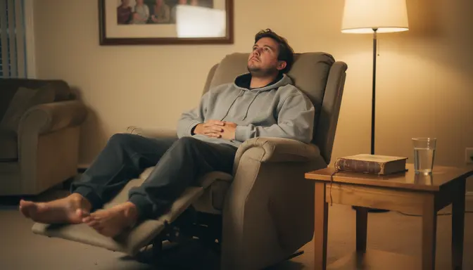 Man in a hoodie slouched in a recliner staring blankly at the ceiling, untouched Bible on the side table