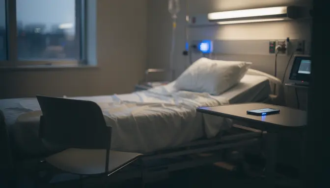Empty hospital room at dusk with a glowing smartphone resting on a bedside tray table