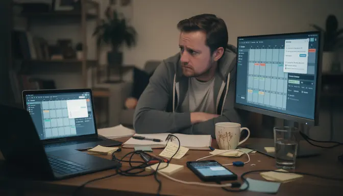 Man at desk surrounded by glowing screens filled with dense calendar notifications and reminders