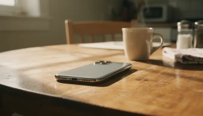 Smartphone face-down on a kitchen table in quiet morning light with a coffee mug nearby