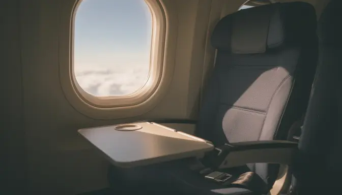Empty airplane seat by window at cruising altitude with soft golden light and clouds outside
