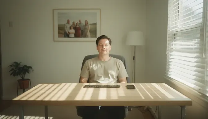 Man sitting alone at quiet desk with phone nearby, family photo blurred in background