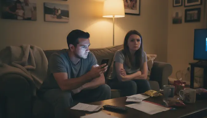 Man on couch late at night showing his phone screen to an uninterested woman beside him