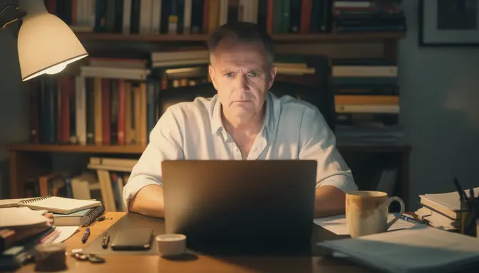 Man sitting at home office desk staring at laptop with furrowed brow and coffee mug