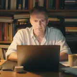 Man sitting at home office desk staring at laptop with furrowed brow and coffee mug