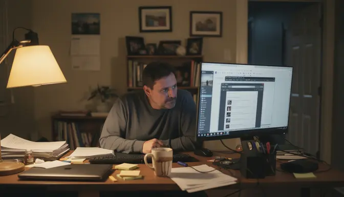 Man sitting at a cluttered home office desk late at night illuminated by monitor glow