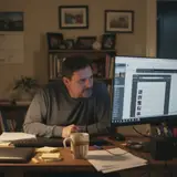 Man sitting at a cluttered home office desk late at night illuminated by monitor glow