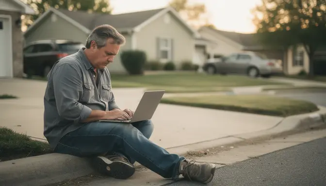 Middle-aged man sitting on a suburban driveway with a laptop, looking defeated in afternoon light