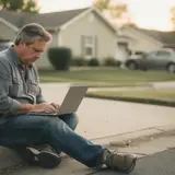 Middle-aged man sitting on a suburban driveway with a laptop, looking defeated in afternoon light