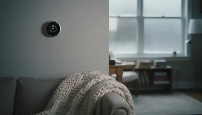 Smart thermostat on a wall with blankets and winter light visible in a cold living room