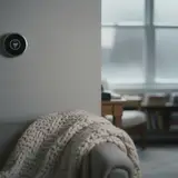 Smart thermostat on a wall with blankets and winter light visible in a cold living room