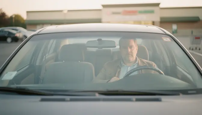 Man sitting alone in parked car in suburban grocery store parking lot, golden afternoon light