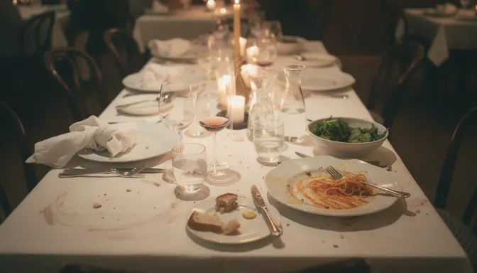 Messy restaurant table after group dinner with empty glasses and one small salad bowl