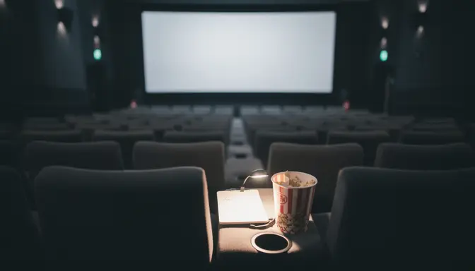 Empty movie theater with a notepad and reading light resting on an armrest near the screen