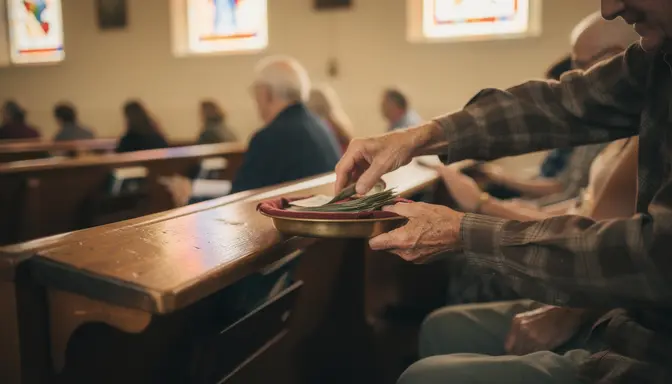 Elderly man in flannel placing folded bills into a worn brass offering plate in a modest church sanctuary