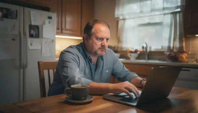 Man at kitchen table with laptop and coffee, distracted expression, suburban kitchen