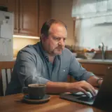 Man at kitchen table with laptop and coffee, distracted expression, suburban kitchen