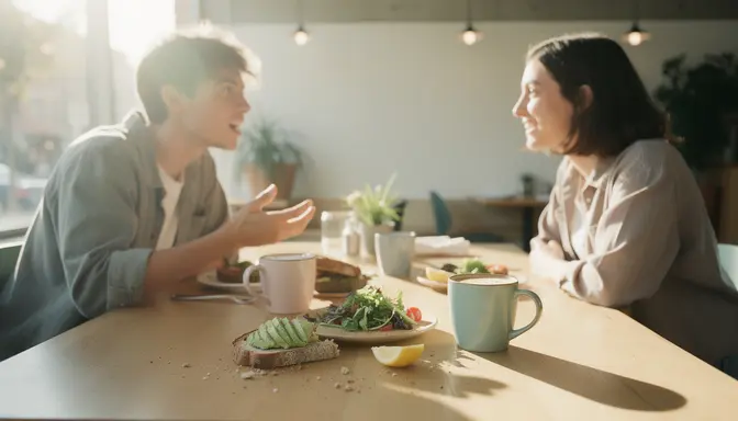 Two young adults talking over coffee and brunch at a bright modern cafe table