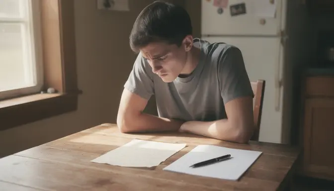Young man sitting at kitchen table staring at a handwritten letter with a blank page beside him