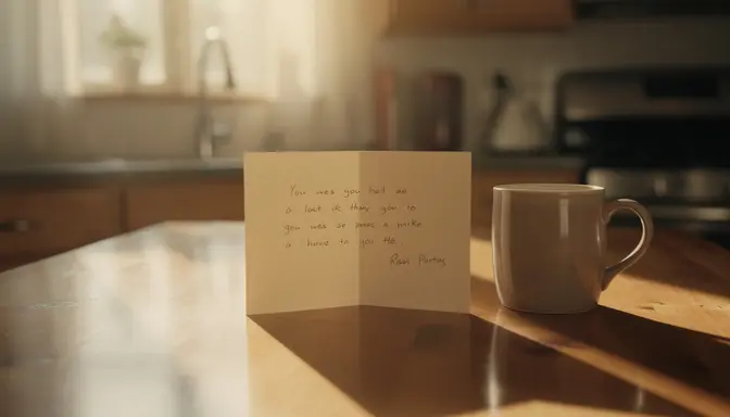 A handwritten card open on a kitchen table in warm morning light