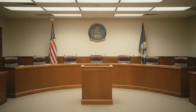 Empty city council chamber with wooden dais, podium, and flanking American and state flags