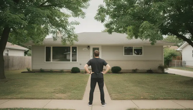 Young person standing on a sidewalk staring in disbelief at a modest mid-century ranch house with mature trees