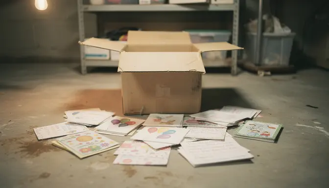 Cardboard storage box open on basement floor surrounded by colorful greeting cards spread out in piles