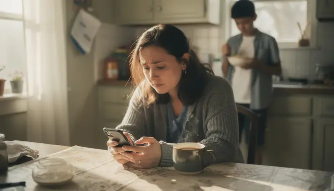 Woman staring at phone in kitchen with bewildered expression, teenager in background