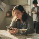 Woman staring at phone in kitchen with bewildered expression, teenager in background