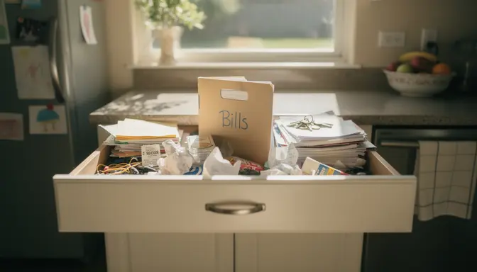 Open kitchen junk drawer overflowing with papers and a labeled manila folder in a suburban home