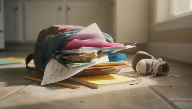 Open child's backpack on kitchen floor with crumpled papers and a granola bar wrapper spilling out