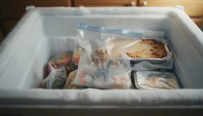 Open chest freezer revealing a zip-lock bag with a small craft project among frozen vegetables